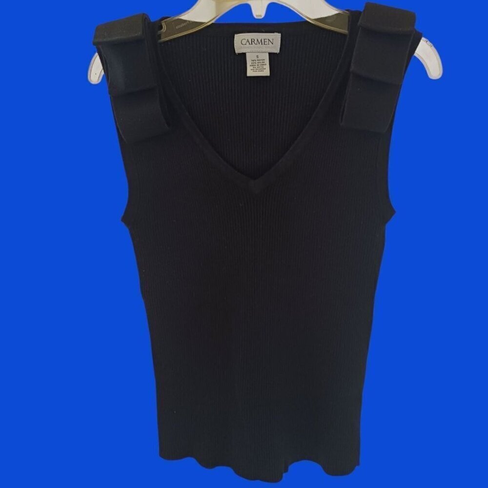 Carmen Marc Valvo Black Sleeveless Ribbed Knit Top W/ Bow Shoulders Size Small